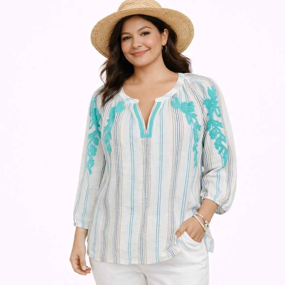 J.JILL Size Medium‎ Petite Love Linen Collection Embroidered Appliqué Boho Top